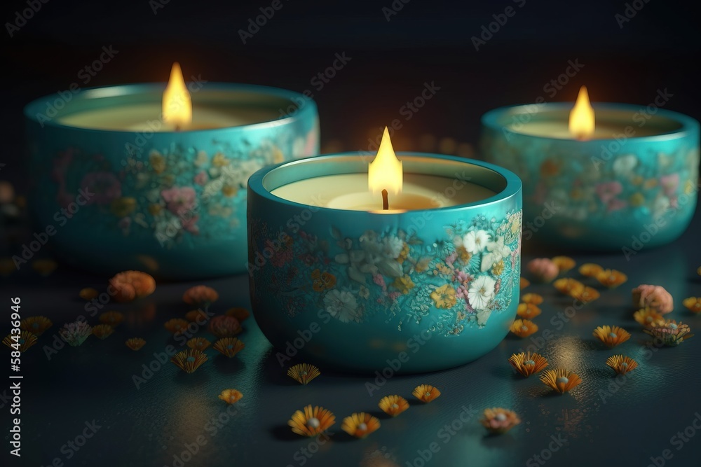 three tea light candles sitting on top of a table next to flowers and petals on the table and on the ground next to them are scattered petals. generative ai three tea light candles sitting on top of a table next to flowers and petals on the table and on the ground next to them are scattered petals. generative ai