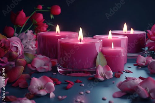  a group of pink candles sitting on top of a table next to pink flowers and petals on a blue table cloth with petals scattered around them.  generative ai