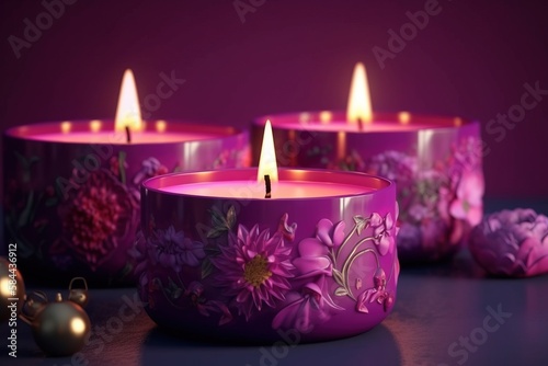  a close up of a group of candles with flowers on it and ornaments around it on a table with a purple background and a purple background.  generative ai