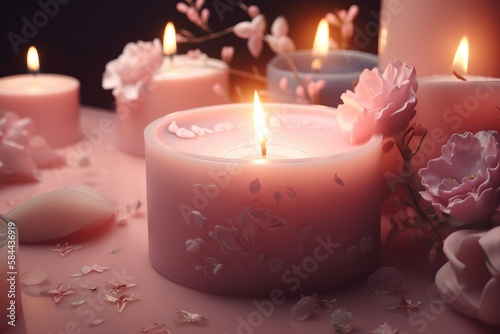  a close up of a group of candles with flowers on the table behind it and a candle in the middle of the picture with a few candles on the table.  generative ai