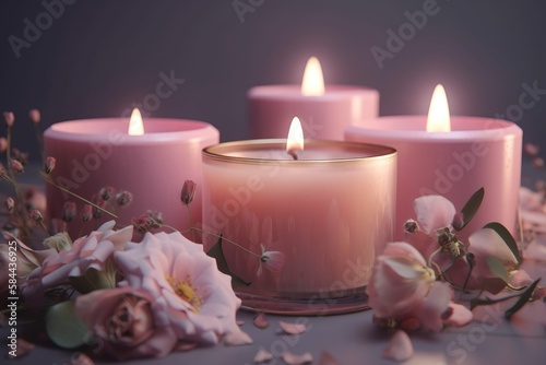  a group of pink candles sitting on top of a table next to pink flowers and petals on a tablecloth covered with petals and petals.  generative ai