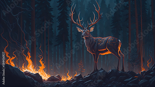 illustration painting of the deer with its fire horns standing on rocks in forest fire  digital art style.  Generative AI 