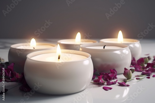  a group of white candles sitting on top of a white table next to pink flowers on the floor and petals on the floor next to the candles.  generative ai