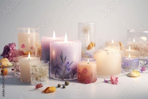  a table topped with lots of different types of candles and vases filled with different types of flowers and leaves on top of it .  generative ai