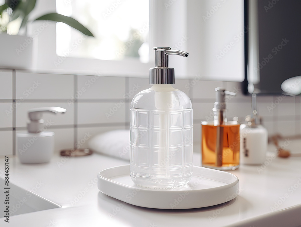 Bottle of hand soap in a white modern bathroom. generative AI Bottle of hand soap in a white modern bathroom. generative AI