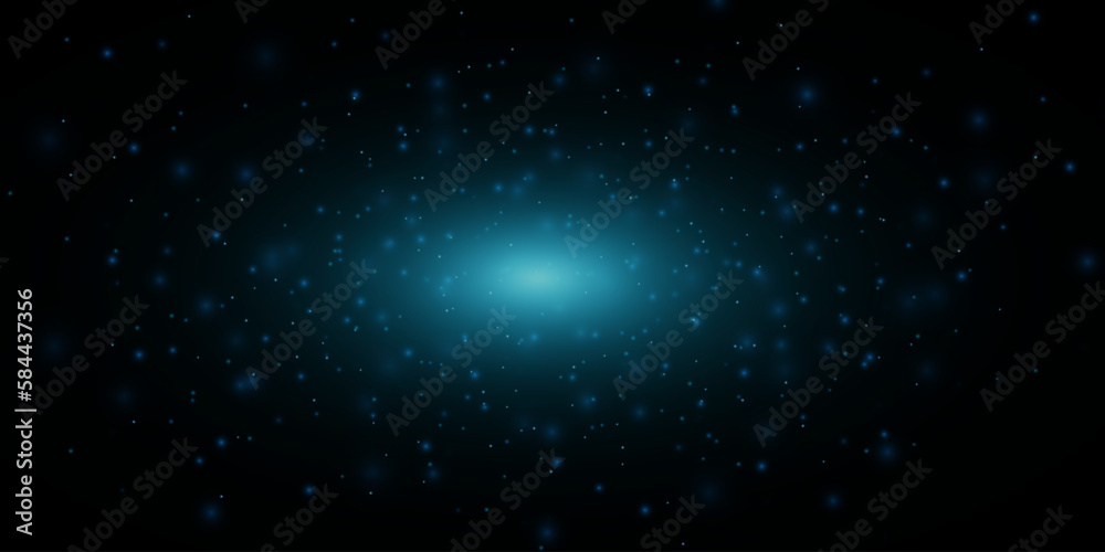 Blue flash on a black background. Magic glow light effect. Vector blue glowing light glitter abstract background. The effect of the camera. Vector illustration.