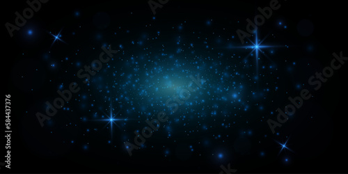 Blue flash on a black background. Magic glow light effect. Vector blue glowing light glitter abstract background. The effect of the camera. Vector illustration.