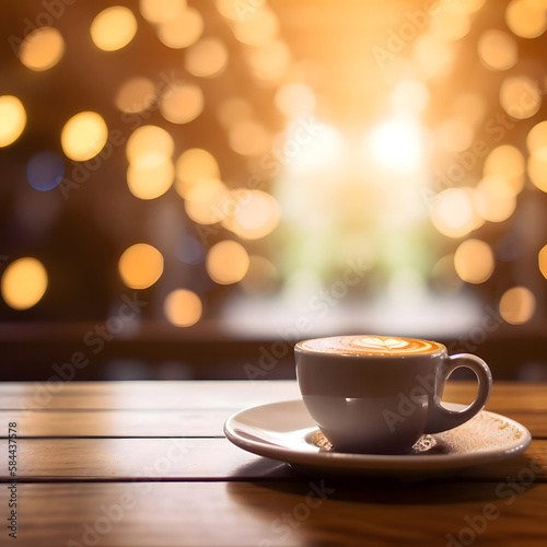 Hot art Latte Coffee in a cup on wooden table and Coffee shop blur background Generative AI technology.