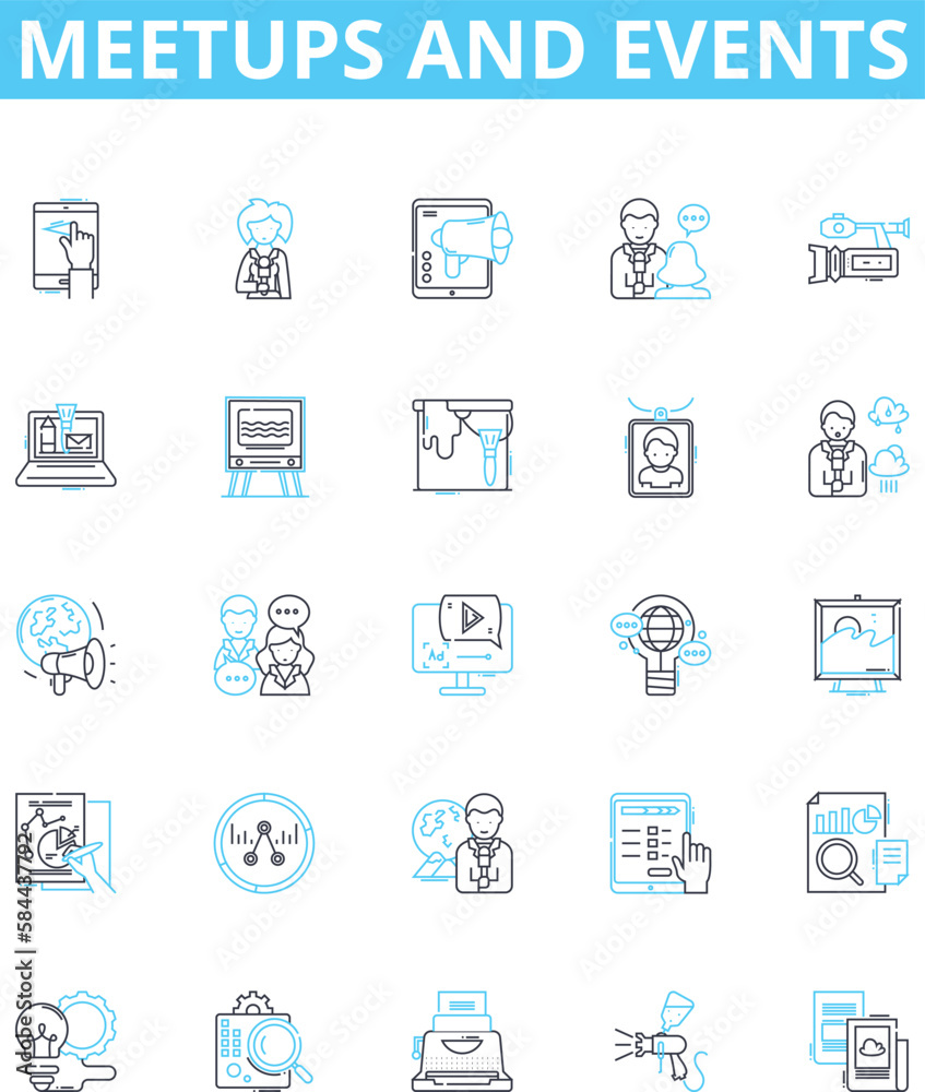 Meetups and events vector line icons set. Meetups, Events, Gatherings, Networking, Conventions, Seminars, Reunions illustration outline concept symbols and signs Meetups and events vector line icons set. Meetups, Events, Gatherings, Networking, Conventions, Seminars, Reunions illustration outline concept symbols and signs