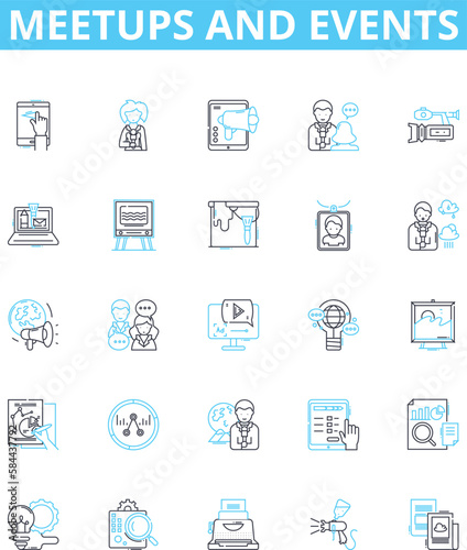 Meetups and events vector line icons set. Meetups, Events, Gatherings, Networking, Conventions, Seminars, Reunions illustration outline concept symbols and signs
