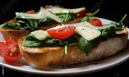  a plate with a sandwich on it with tomatoes and spinach. generative ai