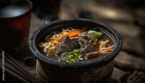 Beef Noodle Soup on Stone, Blurred Background, Rustic Pub. Generative AI