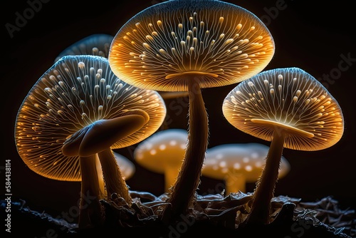 A dark and moody image of various types of mushrooms growing on a log  with shallow depth of field and a blurred background. Generated by AI.