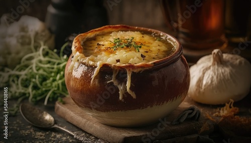French Onion Soup on Stone, Blurred Background, Rustic Pub. Generative AI