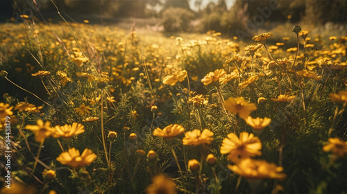 Yellow flowers in the meadow at sunset, vintage toned.generative ai
