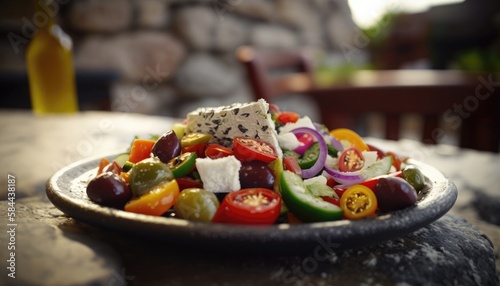Greek Salad on Stone, Blurred Background, Rustic Pub. Generative AI photo