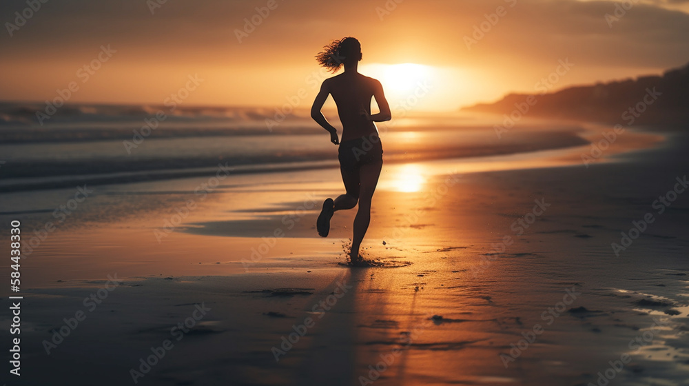 Young woman running on the beach at sunset. Fitness and healthy lifestyle.generative ai