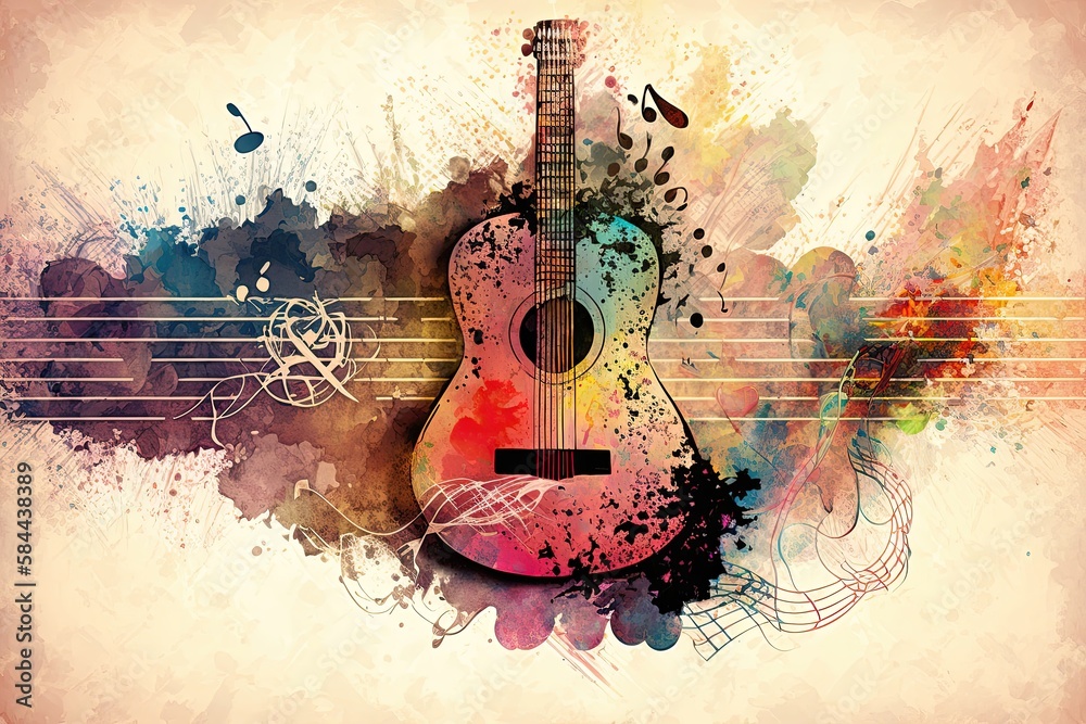An illustration of a guitar with colorful pastel music notes floating