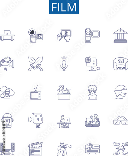 Film line icons signs set. Design collection of Movie, Cinema, Production, Picture, Blockbuster, Story, Reel, Show outline concept vector illustrations