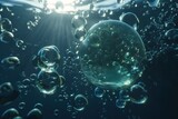  a bunch of bubbles floating in the air next to a light source in the water with sunlight shining on the water and the bubbles on the water surface.  generative ai