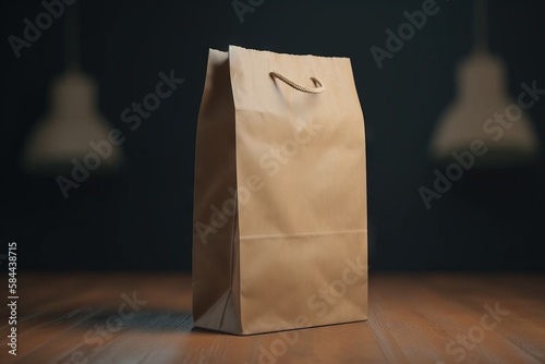  a brown paper bag sitting on top of a wooden table next to two lamps and a black wall in the background with a black background. generative ai