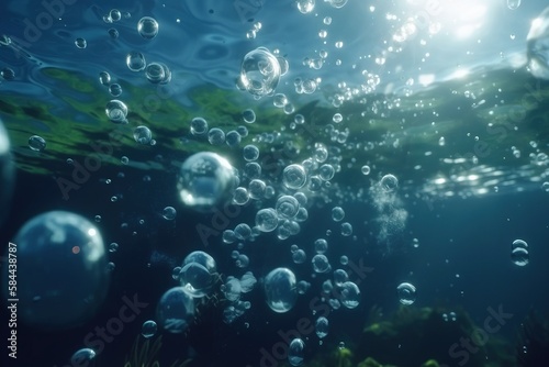  a bunch of bubbles floating in the air over a green sea bottom with a sun shining in the distance behind them and a blue sky. generative ai