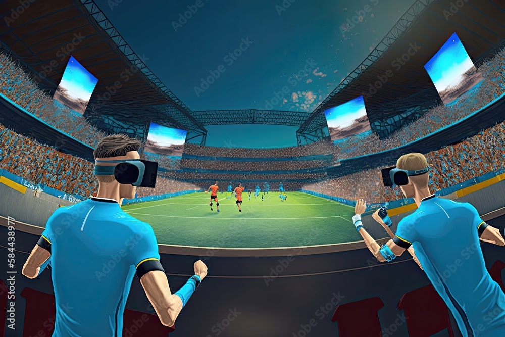 ภาพประกอบสต็อก A virtual reality football match with a packed stadium