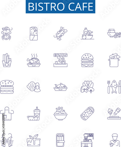 Bistro cafe line icons signs set. Design collection of Bistro, Cafe, Dining, Restaurant, Cuisine, Coffee, Breakfast, Lunch outline concept vector illustrations