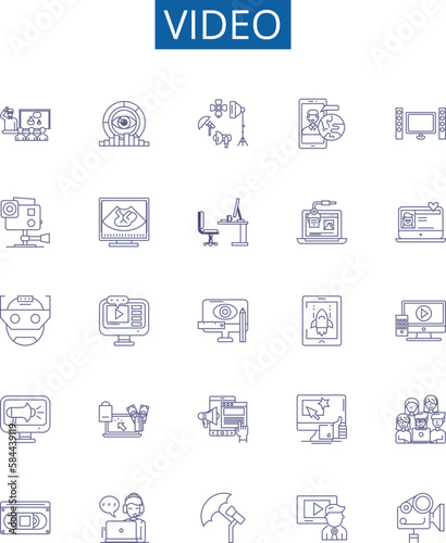 Video line icons signs set. Design collection of Movie, Clip, Film, Stream, YouTube, Broadcast, Recording, Broadcasted outline concept vector illustrations photo