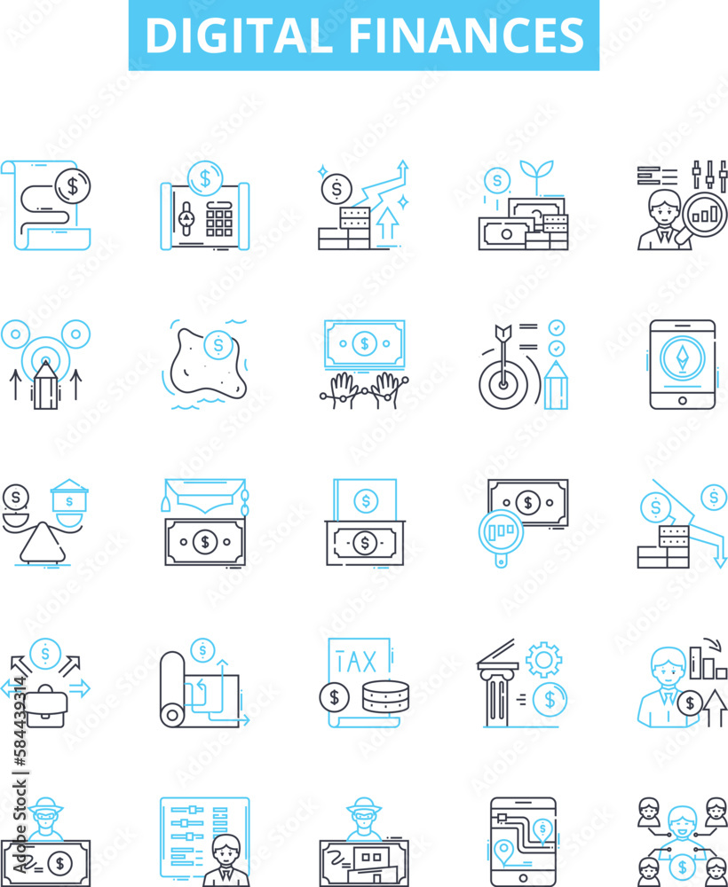 Digital finances vector line icons set. Digital, finances, banking, payments, online, accounts, debit illustration outline concept symbols and signs