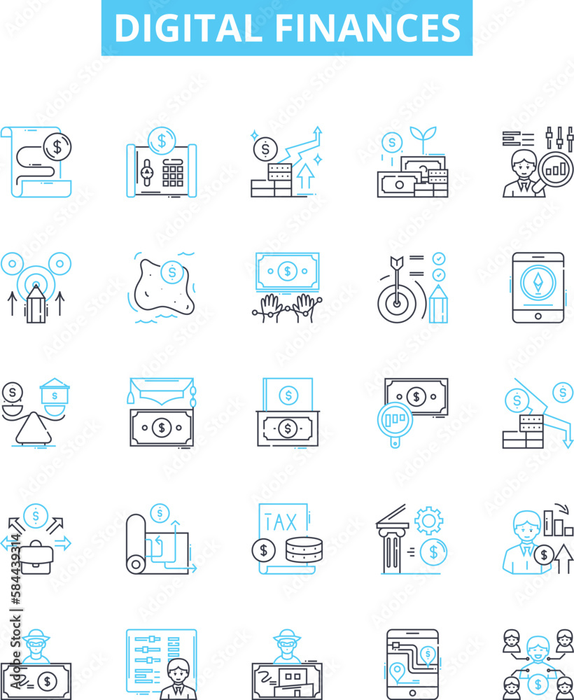 Digital finances vector line icons set. Digital, finances, banking, payments, online, accounts, debit illustration outline concept symbols and signs Digital finances vector line icons set. Digital, finances, banking, payments, online, accounts, debit illustration outline concept symbols and signs