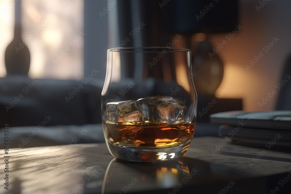 a glass of whiskey on a table with a remote control in front of a window with a view of a living room and a couch. generative ai a glass of whiskey on a table with a remote control in front of a window with a view of a living room and a couch. generative ai