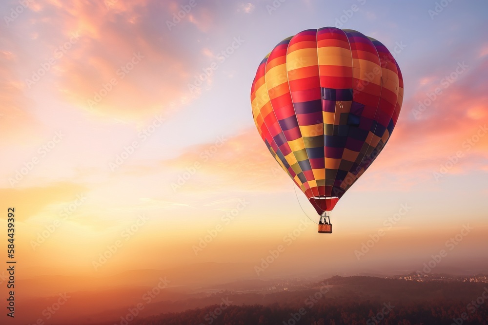 a hot air balloon flying in the sky over a mountain range at sunset or dawn with a colorful sky and clouds in the background,.  generative ai