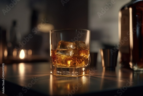  a glass of whiskey with ice cubes on a table next to a bottle of whiskey and a glass of ice cubes on a table. generative ai