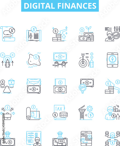 Digital finances vector line icons set. Digital, finances, banking, payments, online, accounts, debit illustration outline concept symbols and signs