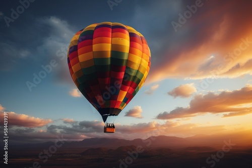  a colorful hot air balloon flying in the sky at sunset or dawn with clouds in the background and a person in the foreground looking at the balloon. generative ai