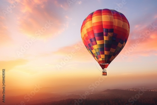 a hot air balloon flying in the sky over a mountain range at sunset or dawn with a colorful sky and clouds in the background,.  generative ai © Shanti