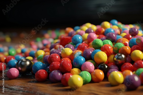 a pile of colorful candy balls on a wooden table with a black background and a blurry image of the top of the pile in the background.  generative ai