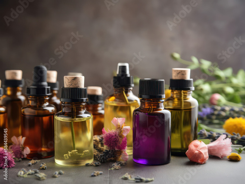Bottles of essential oils surrounded by beautiful flowers on a wooden table. generative AI