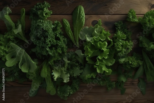  a bunch of green leafy vegetables on a wooden table with a dark wood background, top view, from above, with space for text.  generative ai