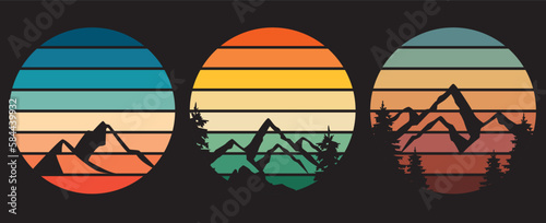 70s style striped sunsets retro background set collection. Abstract sunrise logos with mountain landscape. Vector illustration
