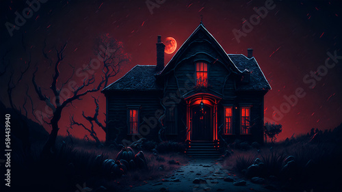 Terrifying Halloween house at the dead of night bathed in a red light caused a a full moon in the night sky. (Generative AI)