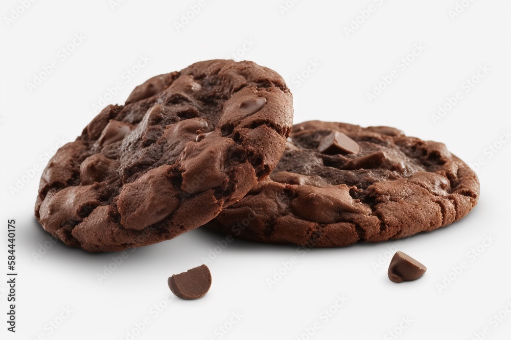  two chocolate cookies with chocolate chips on a white background with a bite taken out of one of the cookies and the rest of the cookies.  generative ai