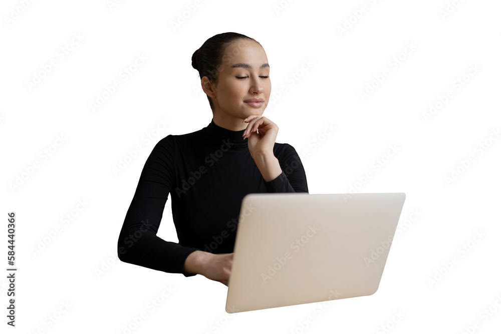 Woman and laptop workplace office work everyday routine, transparent background, png, isolated. Woman and laptop workplace office work everyday routine, transparent background, png, isolated.