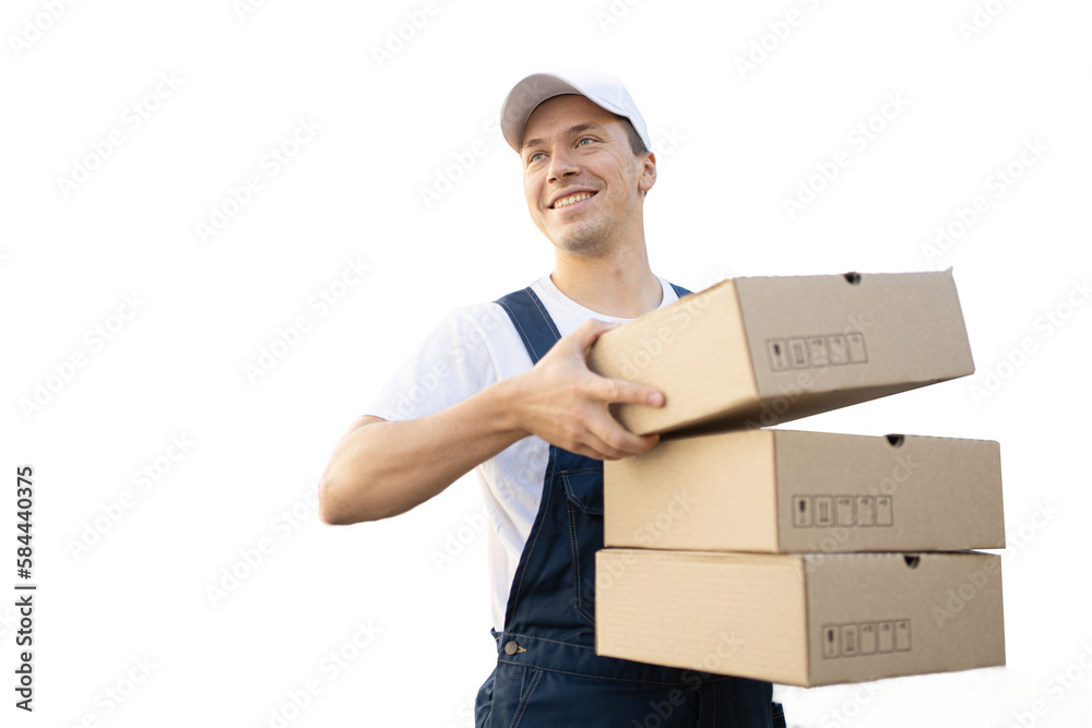 Happy courier guy in the courier service of the order delivery company, transparent background, png, isolated. Happy courier guy in the courier service of the order delivery company, transparent background, png, isolated.