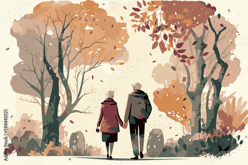 Old couple walking together in a park. Elderly love. Vector art of romantic love. Painting of an old man an old woman enjoying happy senior activity. Outdoors lifestyle. Healthy active pensioners