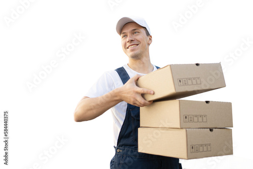Happy courier guy in the courier service of the order delivery company, transparent background, png, isolated. © muse studio