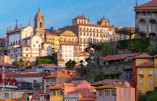 Colorful facades of houses in the old district of Porto.