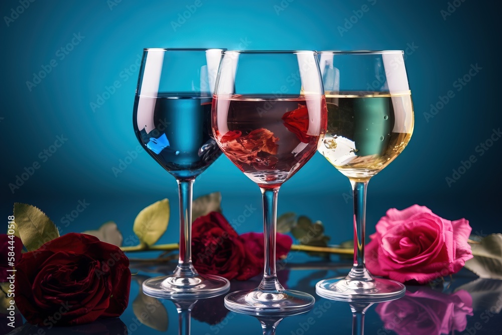 three wine glasses with different colored wine in them and roses in the background with a blue background behind them and a blue background behind them. generative ai three wine glasses with different colored wine in them and roses in the background with a blue background behind them and a blue background behind them. generative ai