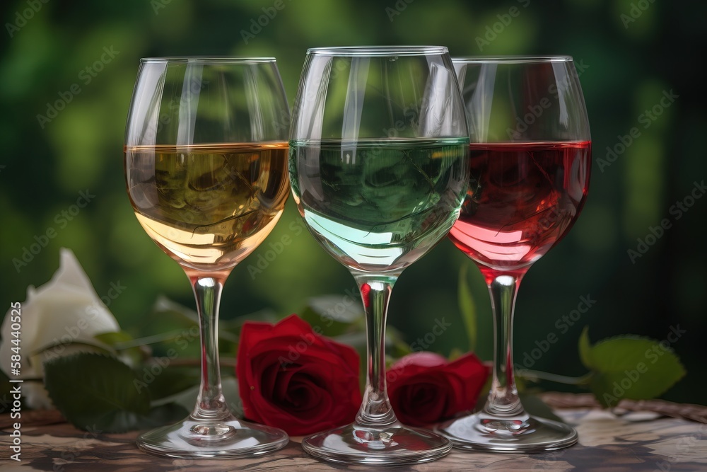  three glasses of wine are sitting on a table next to a red rose and a green leafy background with a red rose in the foreground.  generative ai